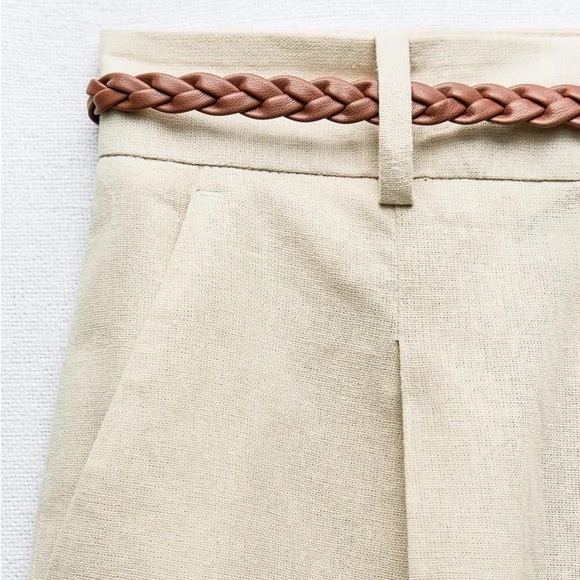NWT. Zara Beige Linen Blend Belted Straight Leg Braided Belt Pants. Size S. - Picture 8 of 12